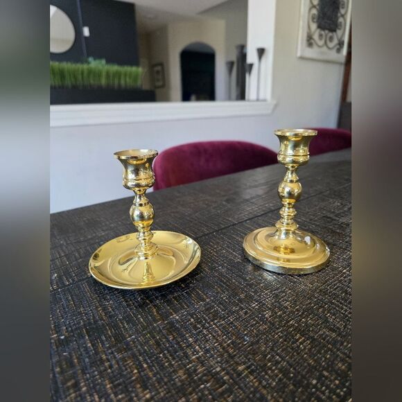 2 Polished Brass Elegant Gold Taper Candlestick Holders Sz 4.5' & 5' Short - Picture 9 of 12